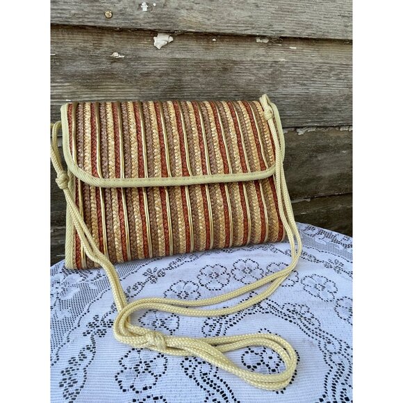 Vintage 1970s Woven Straw Crossbody Bag Purse Boho Retro - Picture 3 of 10
